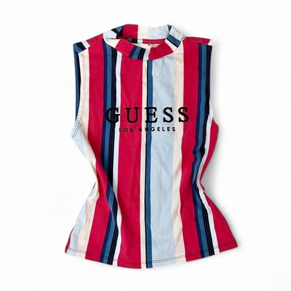 Guess Pink White And Blue Striped Mock Neck Top Size S